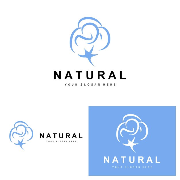 Algodón Logotipo Natural Biológico Orgánico Diseño de plantas Belleza Textil y ropa Vector Flores de algodón suave