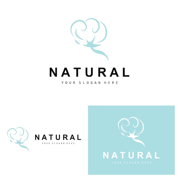 Algodón Logotipo Natural Biológico Orgánico Diseño de plantas Belleza Textil y ropa Vector Flores de algodón suave