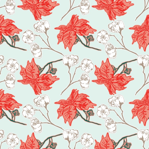 Algodón de Poinsettia Estandarte floral con patrón sin costura vectorial Papel textil para tarjetas de venta de Navidad