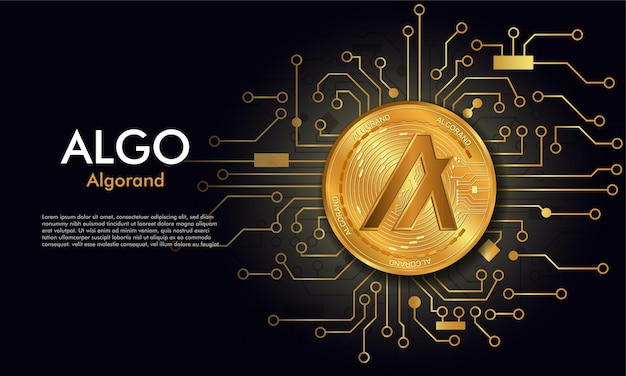 Vector algorand algo gold coinfondo negro con placa de circuitoalgorand token cyptocurrency