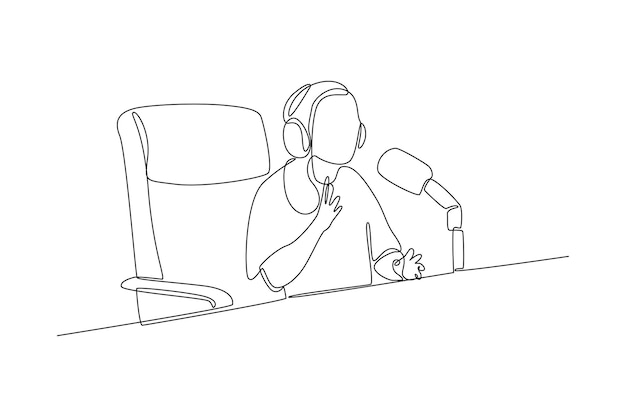 Vector alguien está explicando algo en podcsat frente a micrófonos profesionales un dibujo de línea concepto de podcast grabación entrevistas de radio transmisión en línea