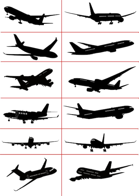 Algunas siluetas de avión en blanco y negro Ilustración vectorial