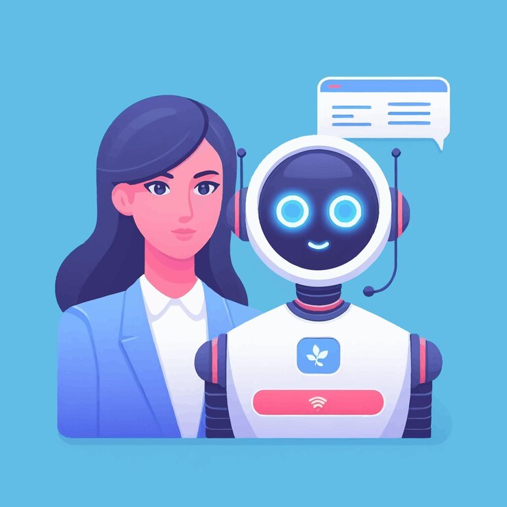 Vector algunos asesores con una ventana de chat y un chatbot