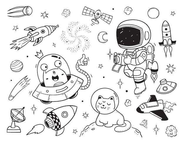 Alien y astronauta doodle clipart para niños