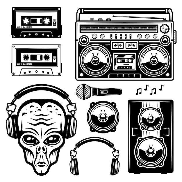 Alien en auriculares y equipo musical conjunto de objetos vectoriales o elementos de diseño aislados en fondo blanco