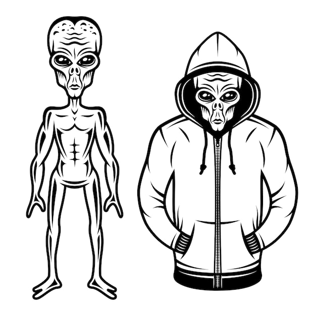 Alien con capucha y conjunto alienígena de cuerpo completo de objetos vectoriales o elementos de diseño en estilo antiguo aislado en fondo blanco