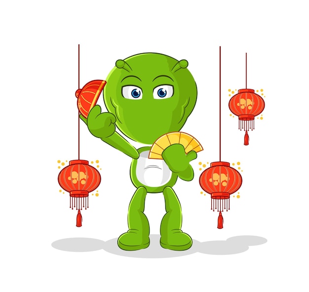 Alien chino con vector de caracteres de ilustración de linternas