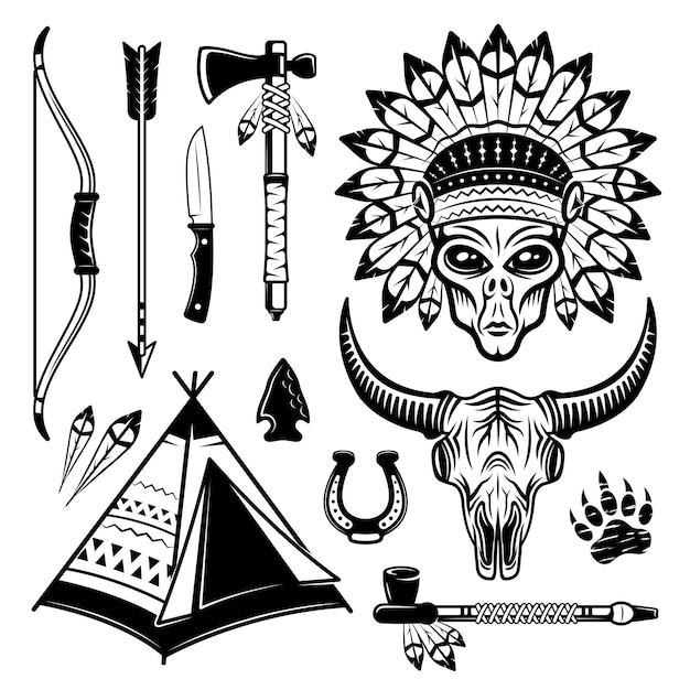 Alien indio y diferentes elementos occidentales conjunto de objetos vectoriales en blanco y negro estilo vintage ilustración aislada