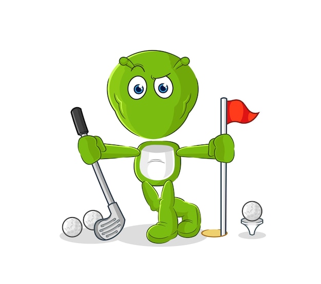 Alien jugando al golf personaje de dibujos animados de vectores