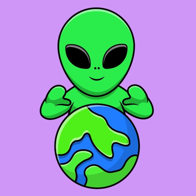 Alien lindo con la ilustración de los iconos vectoriales de dibujos animados de la tierra