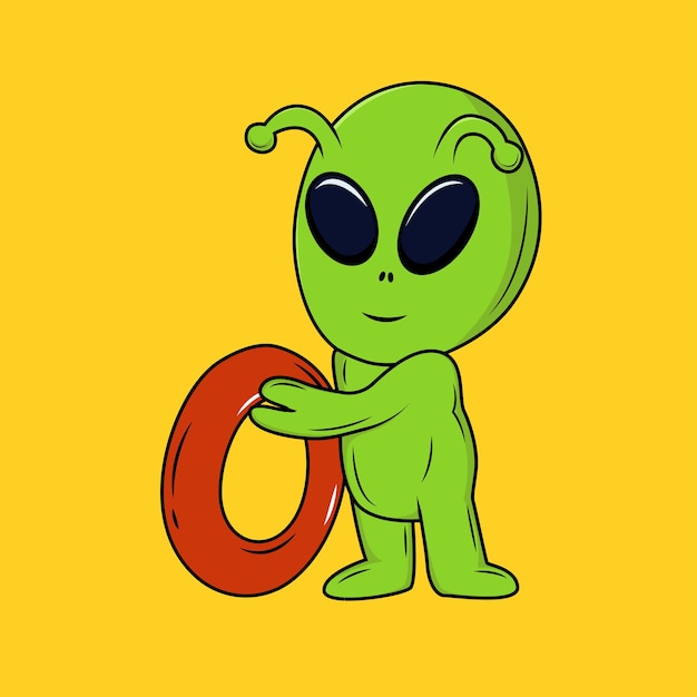 Alien lindo con ilustración de vector de pegatina de dibujos animados de letra o