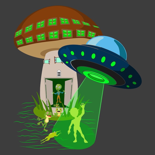 Vector alien mushroom house y el aterrizaje de la nave espacial ufo arte vectorial