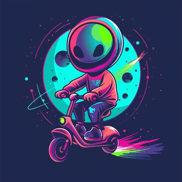 Vector alien_riding_scooter_in_the_space_illustración