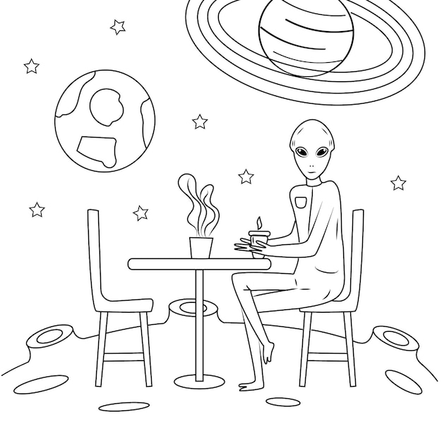 Alien está sentado en la mesa del café en el invasor moon cosmos está bebiendo un vector de concepto de ovni de café en estilo de contorno para colorear banner web