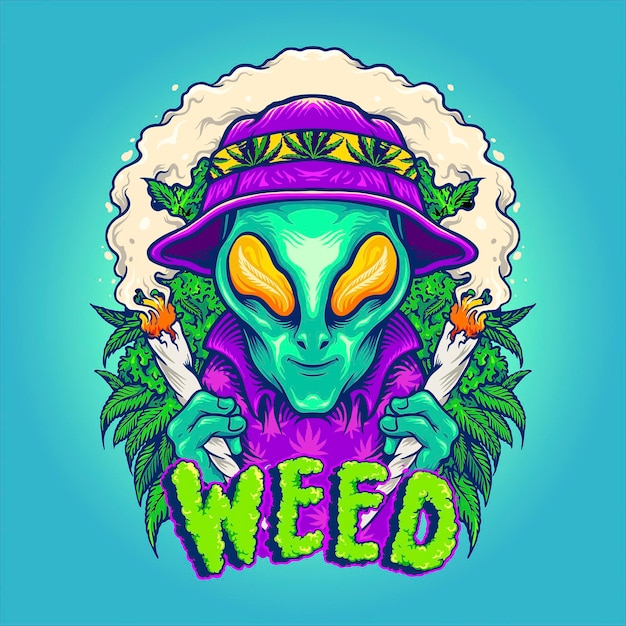 Alien Smoking Summer Cannabis Plants Ilustraciones vectoriales para su trabajo Logotipo, camiseta de mercancía de la mascota, pegatinas y diseños de etiquetas, carteles, tarjetas de felicitación que publicitan empresas comerciales o marcas.