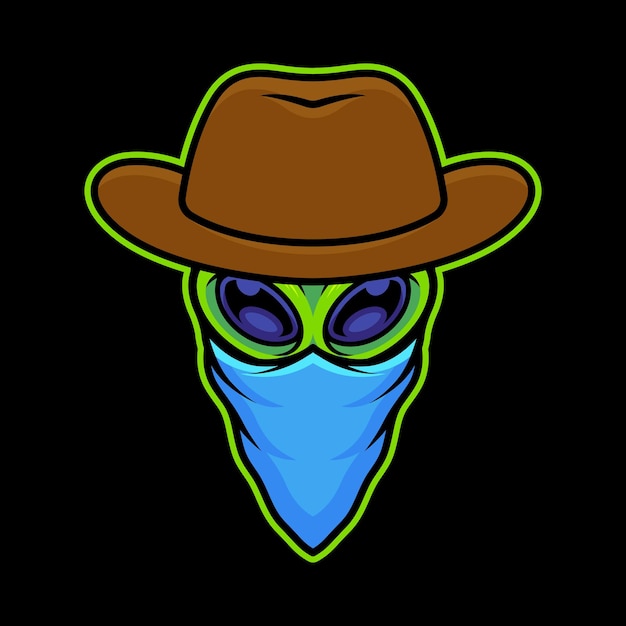 Alien con sombrero de vaquero y bandana ilustración de arte vectorial sobre fondo aislado