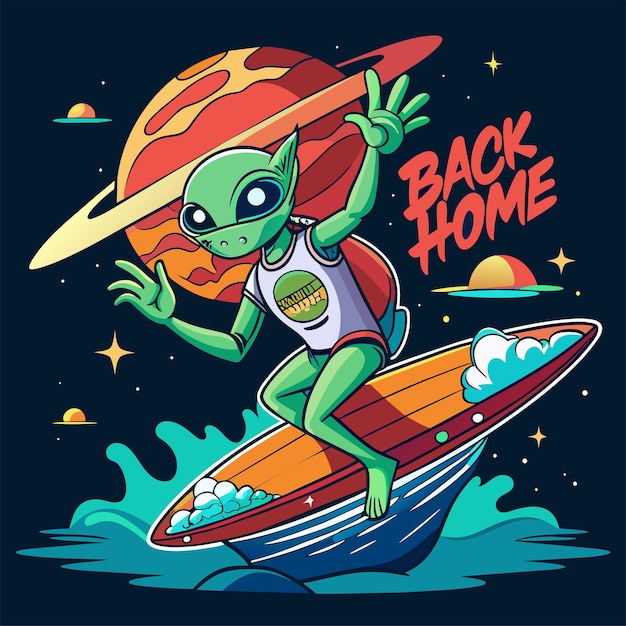 Vector alien sufriendo en el agua con ufo de vuelta a casa texto camiseta pegatina desgin