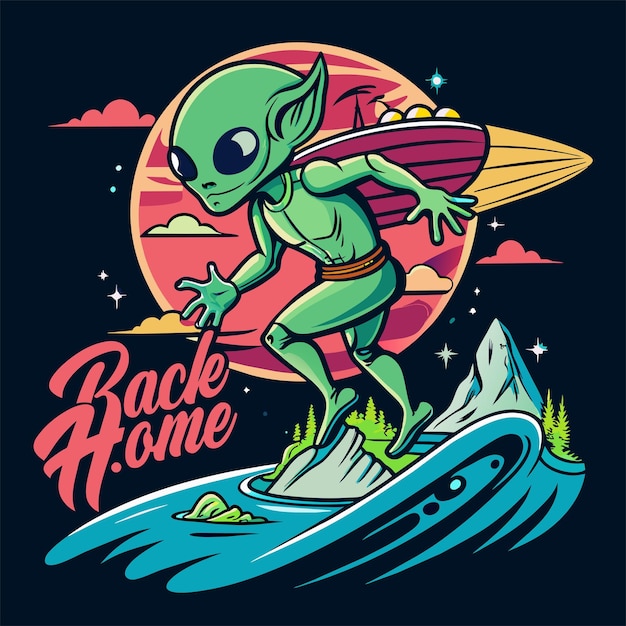 Alien sufriendo en el agua con ufo de vuelta a casa texto camiseta pegatina desgin