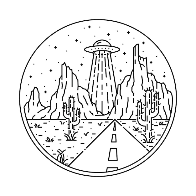 Alien ufo desert invasion line graphic illustration art diseño de camiseta