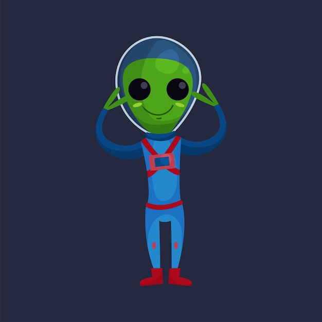 Alien verde sonriente con ojos grandes con traje espacial azul de pie con los brazos levantados, vector de dibujos animados de carácter positivo alienígena ilustración sobre un fondo azul oscuro