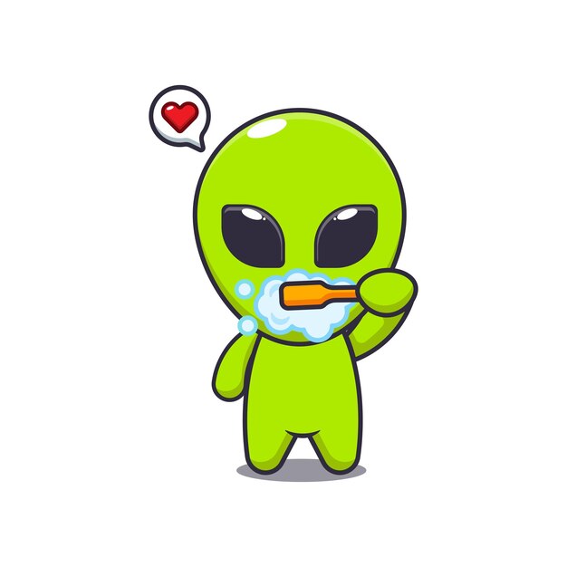 alienígena cepillándose los dientes mascota personaje de dibujos animados ilustración vectorial