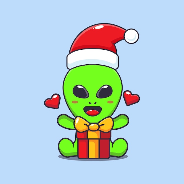 Un alienígena lindo con un regalo de Navidad Una ilustración de un personaje de dibujos animados de Navidad