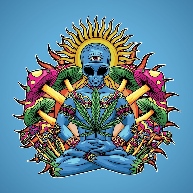 Vector alienígena meditando con ilustración de malezas y hongos