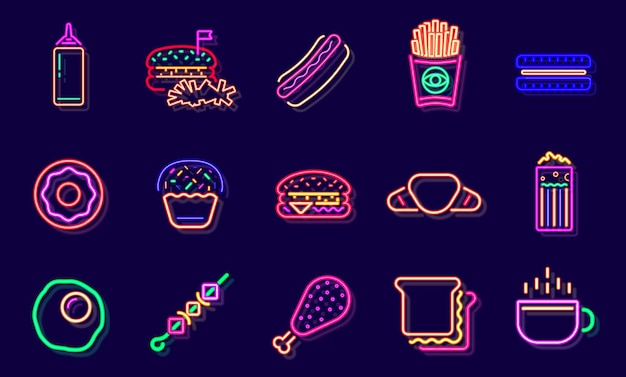 Alimentación rápida en la calle Alimentación de bebida Señal de neón Restaurante de comida rápida Burger Café o pizzería Diseño Tabla de luz brillante Vector