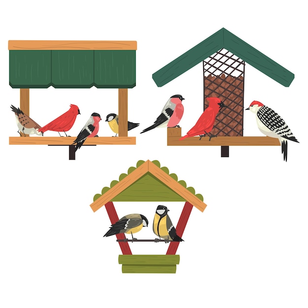 Alimentador de pájaros de invierno pájaros del norte que se alimentan con semillas lindo cardenal rojo chickadee pájaro carpintero bullfinch