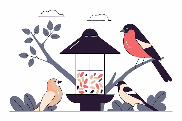 Alimentador de pájaros en la rama del árbol y diferentes pájaros comedores arte de ilustración en fondo blanco