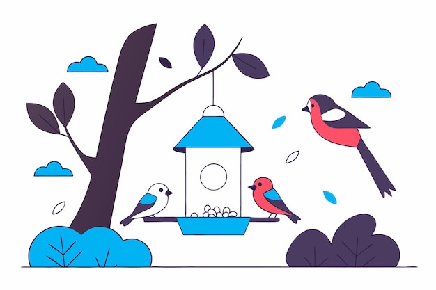 Alimentador de pájaros en la rama del árbol y diferentes pájaros comedores arte de ilustración en fondo blanco
