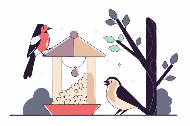 Alimentador de pájaros en la rama del árbol y diferentes pájaros comedores arte de ilustración en fondo blanco