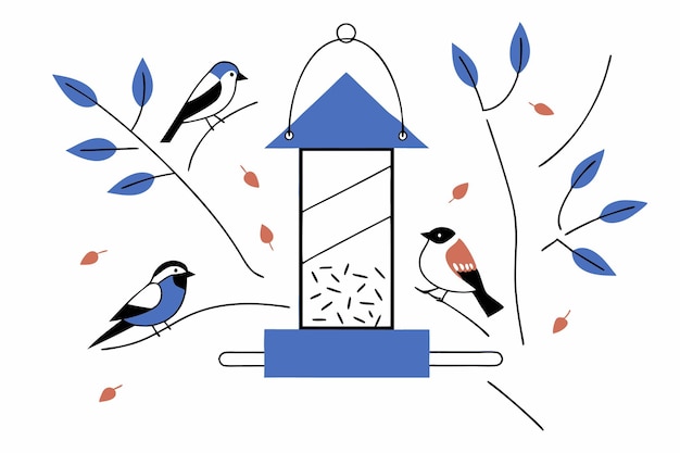 Alimentador de pájaros en la rama del árbol y diferentes pájaros comedores arte de ilustración en fondo blanco