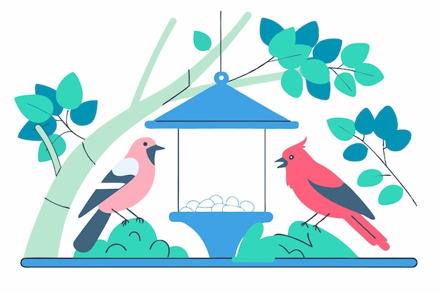 Alimentador de pájaros en la rama del árbol y diferentes pájaros comedores arte de ilustración en fondo blanco