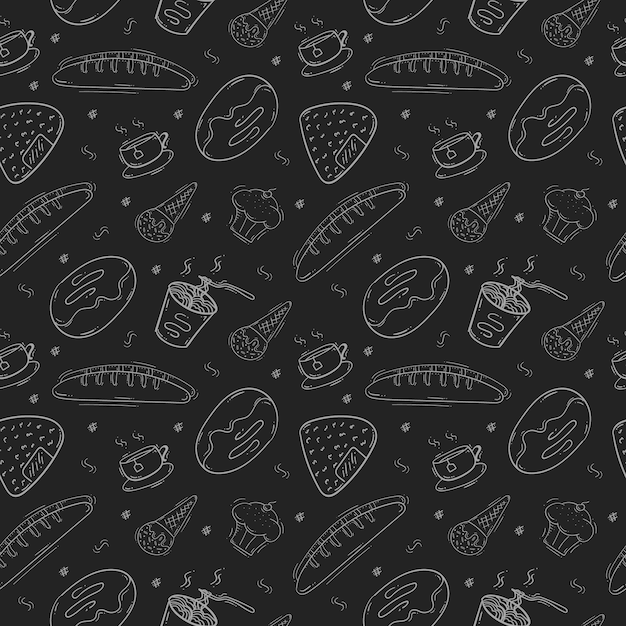 alimento y bebida patrón sin costuras en estilo dibujado a mano