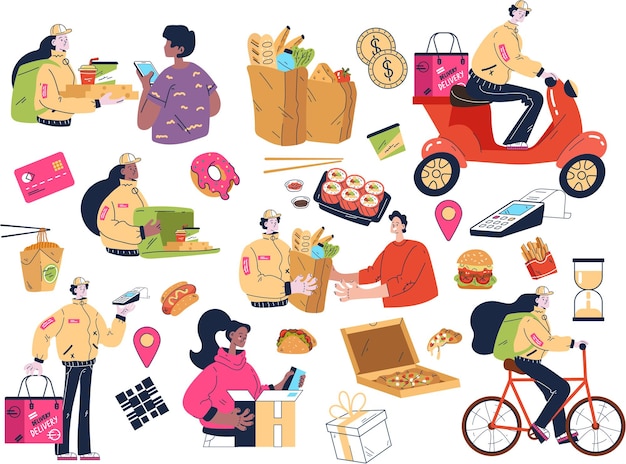Alimentos, abarrotes, entrega rápida, vector, moderno, estilo, diseño, plano, elemento, aislado, conjunto