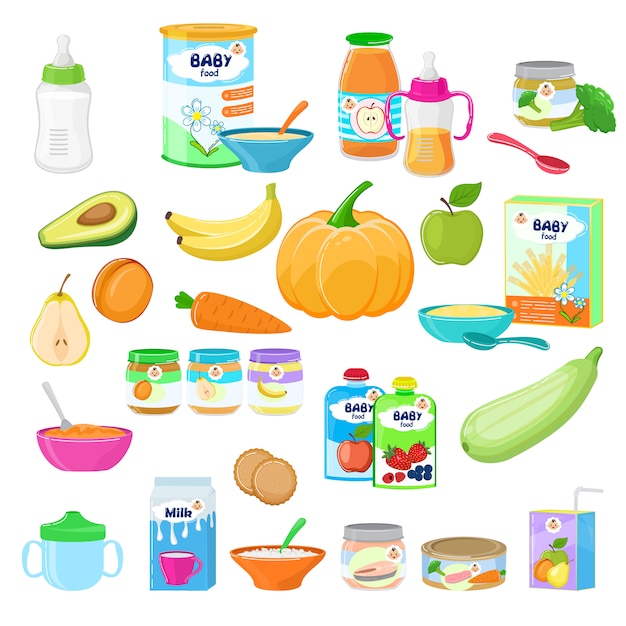 Alimentos para bebés niño nutrición saludable leche jugo fresco con puré de frutas y verduras para el cuidado de la salud ilustración infantil conjunto infantil de zanahoria o manzana aislado sobre fondo blanco
