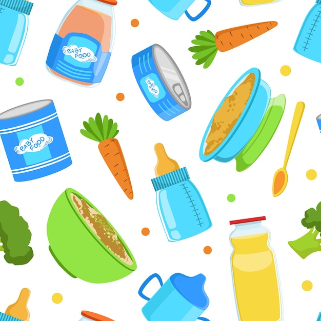 Alimentos para bebés Patrón sin costuras Primera comida saludable para niños pequeños Papel de pared Empaque Diseño de fondo Ilustración vectorial de dibujos animados