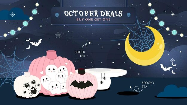 Alimentos y bebidas ofertas de octubre pancarta con tema de Halloween