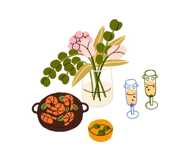 Alimentos bocadillos bebidas para una cena romántica Ramo de flores en jarrón champán en vasos de vino aceitunas camarones alcohol y aperitivos aperitivos Ilustración vectorial plana aislada sobre fondo blanco