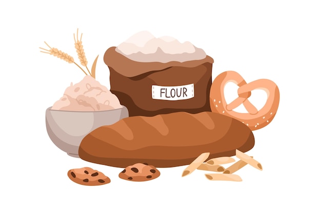 Vector alimentos de cereales, productos de cereales. pan, panadería, harina de trigo en bolsa y bol, pasta, galletas. nutriciones saludables de carbohidratos, composición de nutrientes. ilustración de vector de dibujos animados plana aislado en blanco