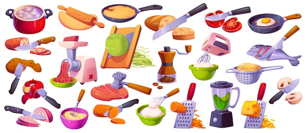Alimentos para cocinar o para el proceso de cocción y herramientas de preparación