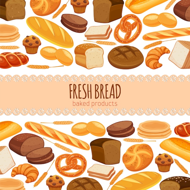 Alimentos de diseño de página de plantilla con productos de pan. Pan de centeno y pretzel, muffin, pita, ciabatta y croissant, pan integral y de trigo, bagel, pan tostado, baguette francés para panadería de menú de diseño.