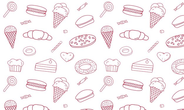 Alimentos dulces patrón sin costuras con iconos de líneas planas ilustraciones vectoriales de pastelería chocolate piruleta