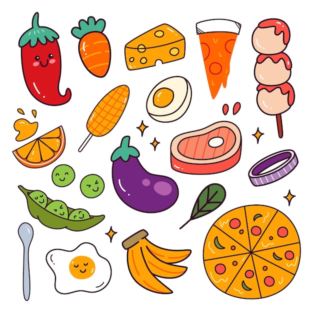 Vector alimentos e ingredientes kawaii doodle set