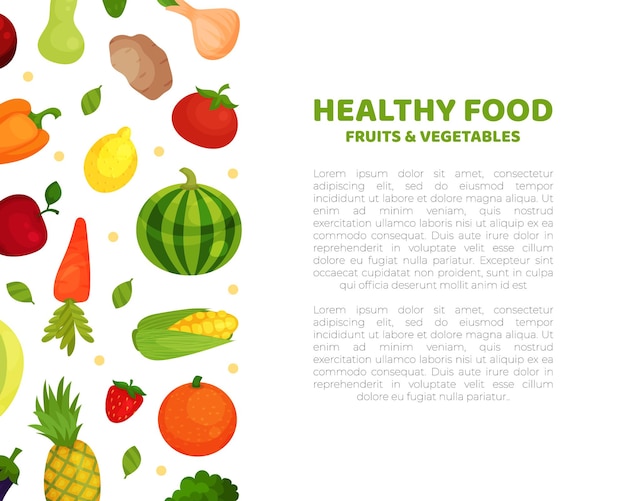 Alimentos frescos y saludables con frutas y verduras como cultivos agrícolas de la página vectorial del jardín local