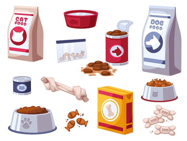 Vector alimentos para gatos y perros, productos para el cuidado de animales en tiendas de mascotas, bocadillos y paquetes de alimentos secos.