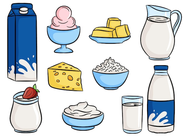 Alimentos con leche y productos lácteos. leche en botella, jarra, vaso. estilo de dibujos animados. helado, mantequilla, queso, requesón, yogur, crema agria. ilustración vectorial.