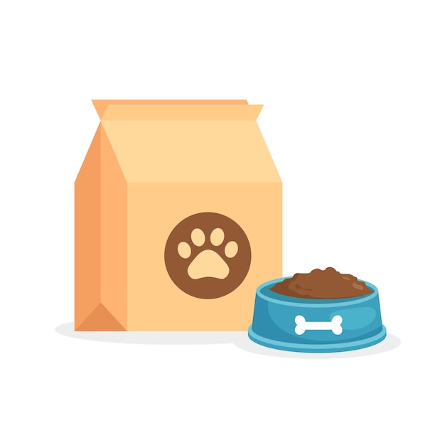 Vector alimentos para mascotas. plato de comida para perros o gatos. embalaje, publicidad. ilustración vectorial en un estilo moderno y plano.