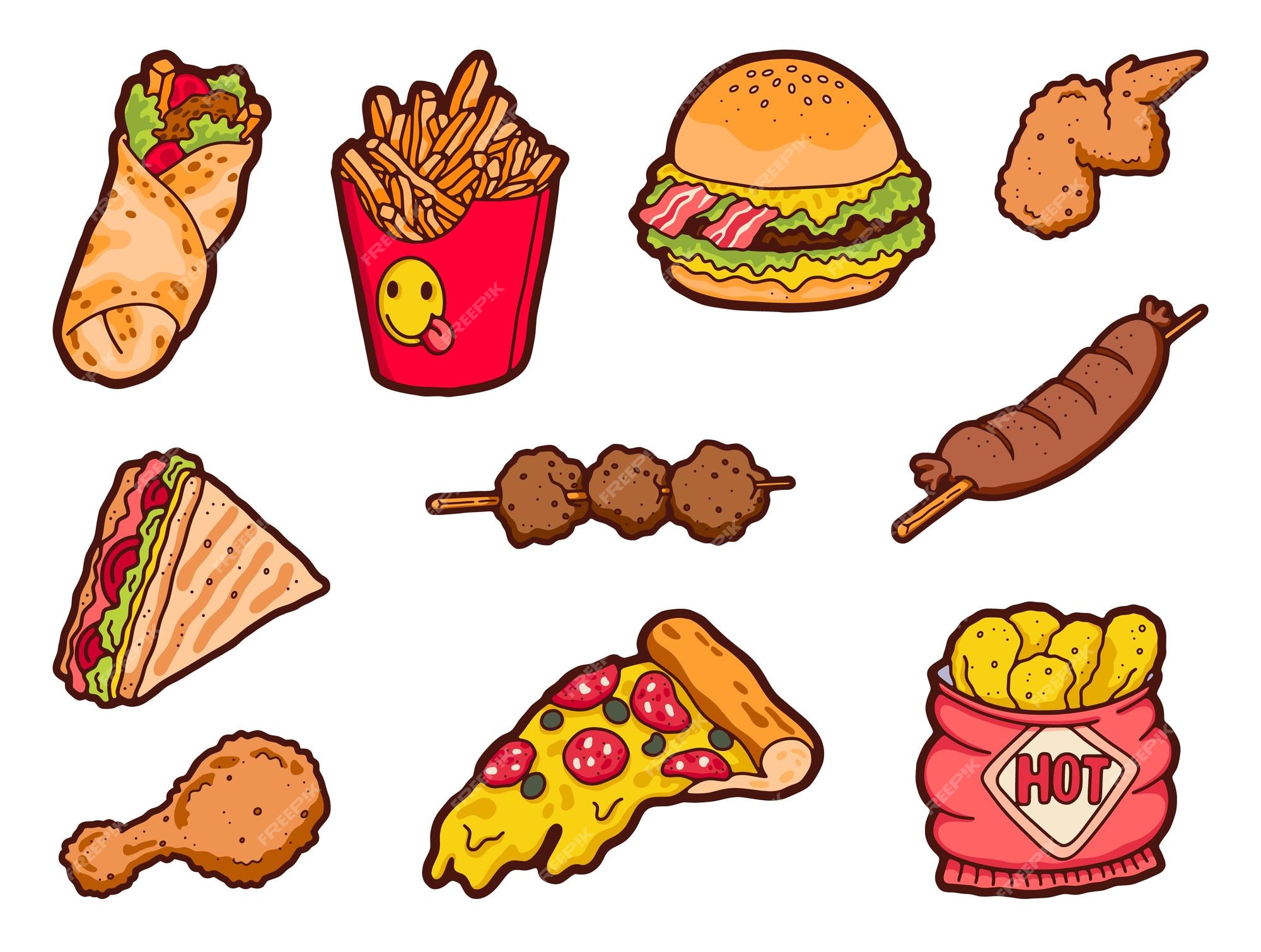 Alimentos no saludables comida chatarra de dibujos animados con hamburguesa  de hot dog y bebidas dulces conjunto de alimentos vectoriales | Vector  Premium